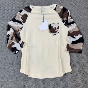 Hayden Girls Cream and Camouflage Raglan 3/4 Sleeve Baseball  Top ~ S 6/7